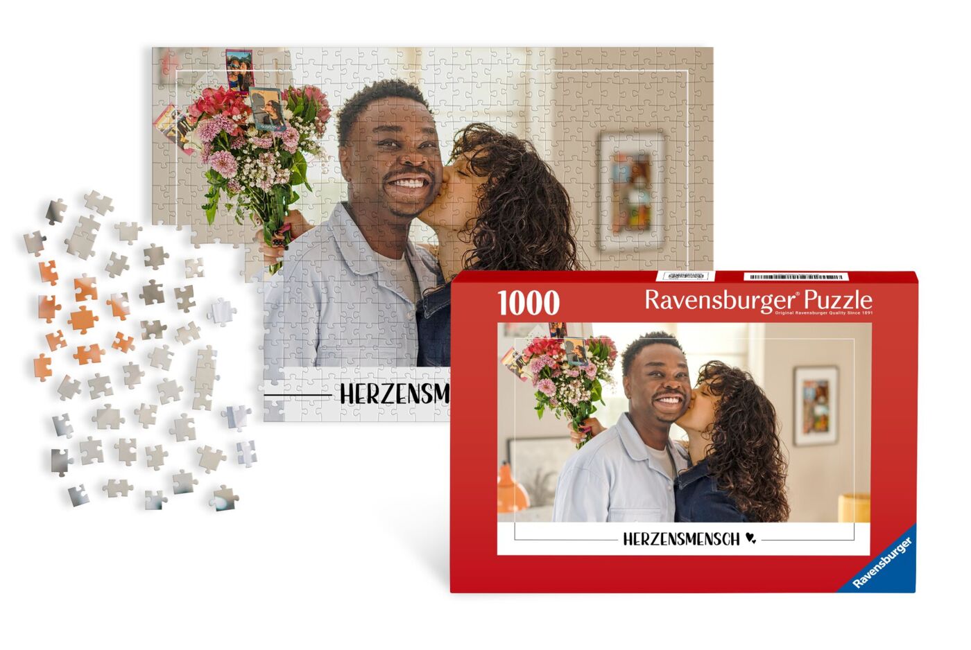 Ravensburger fotopuzzel van 1000 stukjes met een verliefd stel en bloemen op de verpakking
