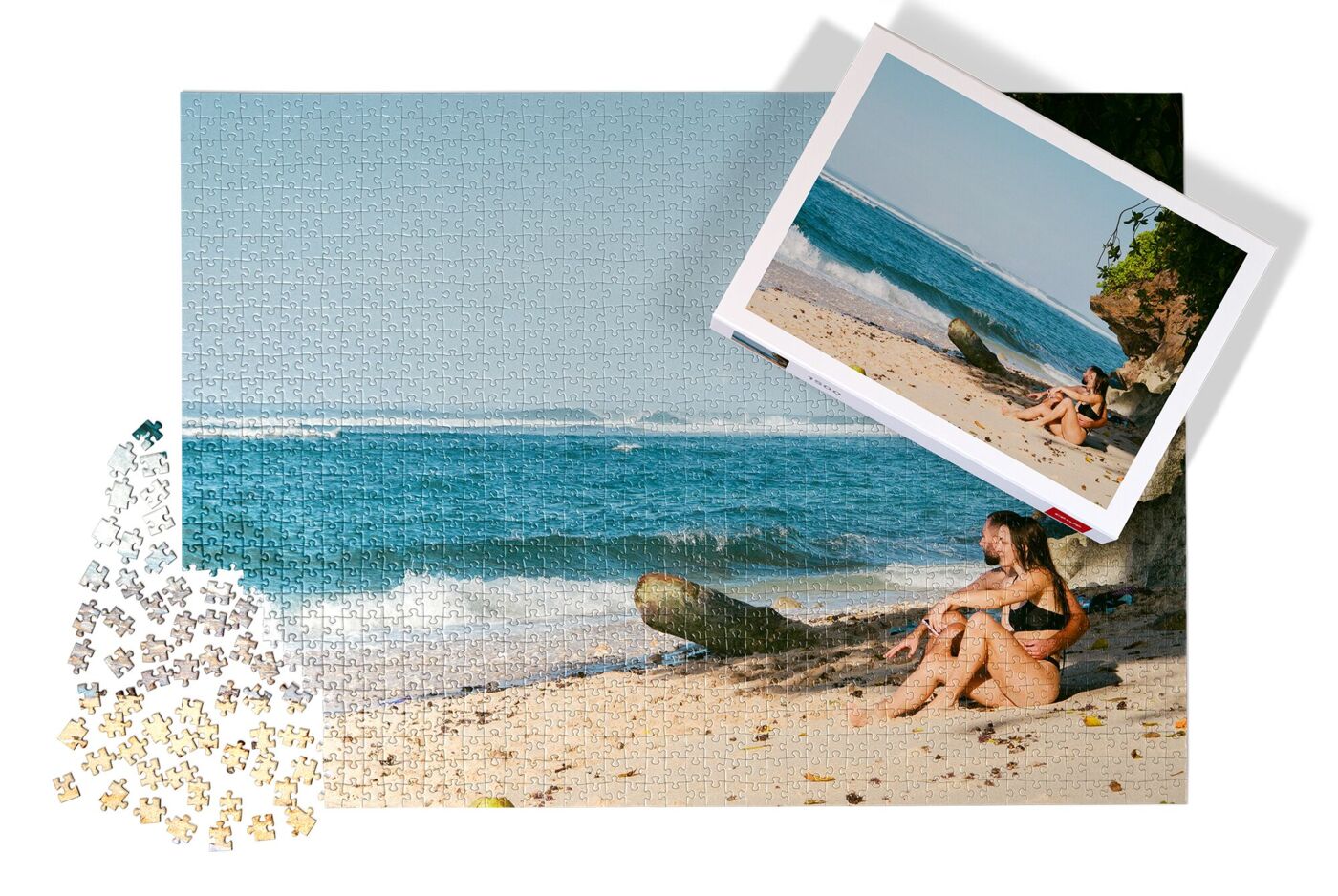 Fotopuzzel met afbeelding van een koppel op het strand”, naast het voorbeeldfotootje.