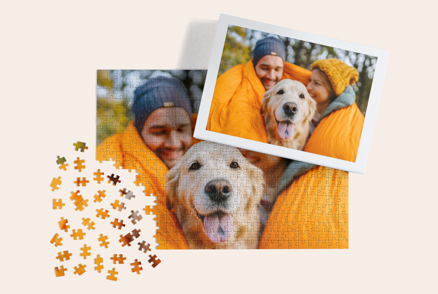 Puzzle photo représentant un couple posant avec leur chien dans la forêt, à côté de la photo d'exemple.