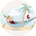 Un homme détendu sur un hamac sous un palmier, tenant un coq jouet rouge, sur une plage ensoleillée.