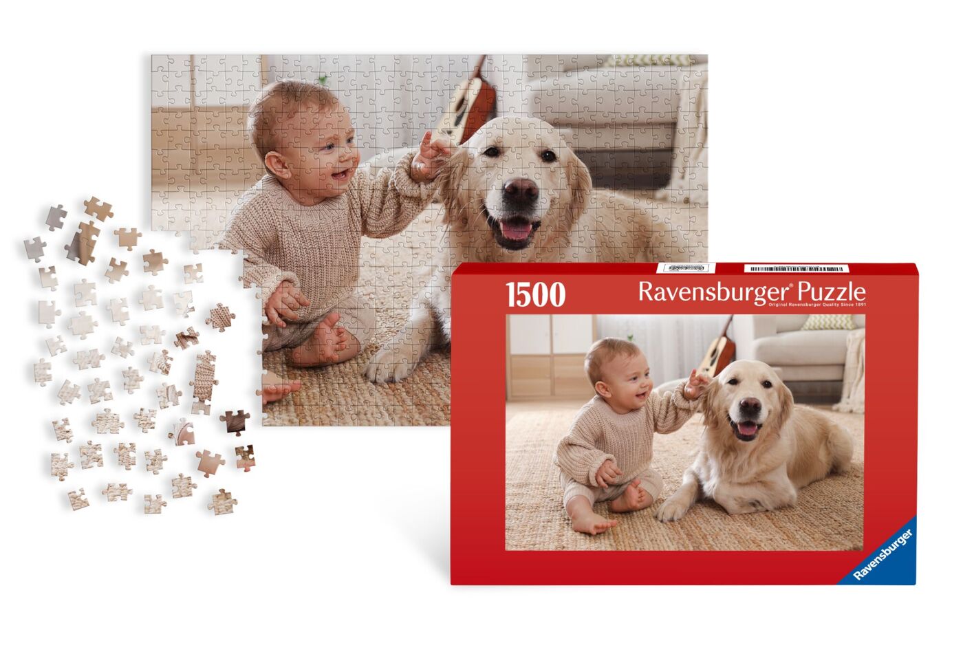 Puzzle photo Ravensburger de 1 500 pièces représentant un bébé et un chien dans un décor familial