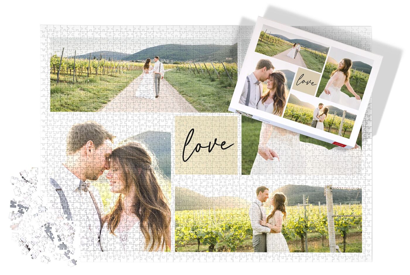 Puzzle photo avec un collage de photos de mariage prises dans un vignoble et le mot « love », à côté de la petite photo d'exemple.