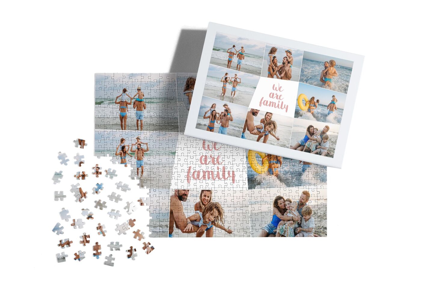 Puzzle photo personnalisé avec un collage de photos estivales et le texte « we are family », à côté de l'exemple de photo.