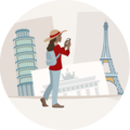 Une personne prend une photo devant des monuments célèbres comme la tour Eiffel et la tour de Pise inclinée.