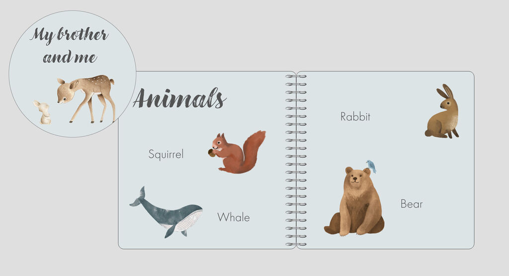 Un livre ouvert d’animaux : écureuil, baleine, lapin et ours sur page bleue. Encadré rond : faon avec 'Mon frère et moi'.
