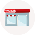 Kleurrijk grafisch ontwerp van een Kruidvat-filiaal met rode markiezen.