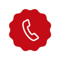 Rode telefoonhoorn op witte achtergrond in een ronde badge