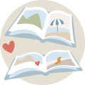 Illustratie van een open fotoboek met foto's van landschappen en strand.