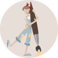 Een illustratie van een vrouw met verfbroek en een levensgroot penseel
